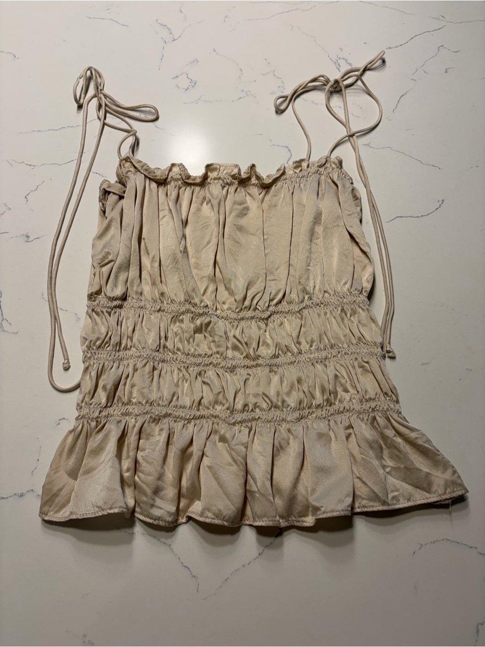 Reformation Cream Tie-Shoulder Smocked Peplum Camisole